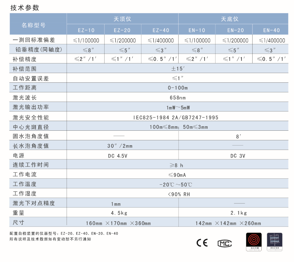 EZ-10、EZ-20、EZ-40激光自動安平天頂儀/上垂準(zhǔn)儀技術(shù)參數(shù)